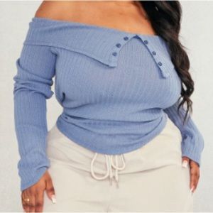 Plus Blue Grey Fold Over Detail Bardot Top